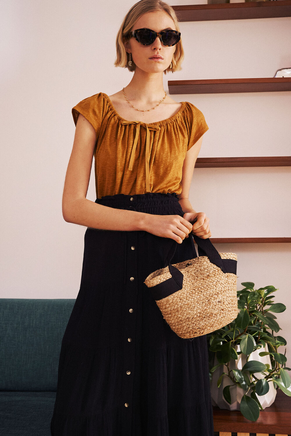 Drawstring Linen Bardot Top