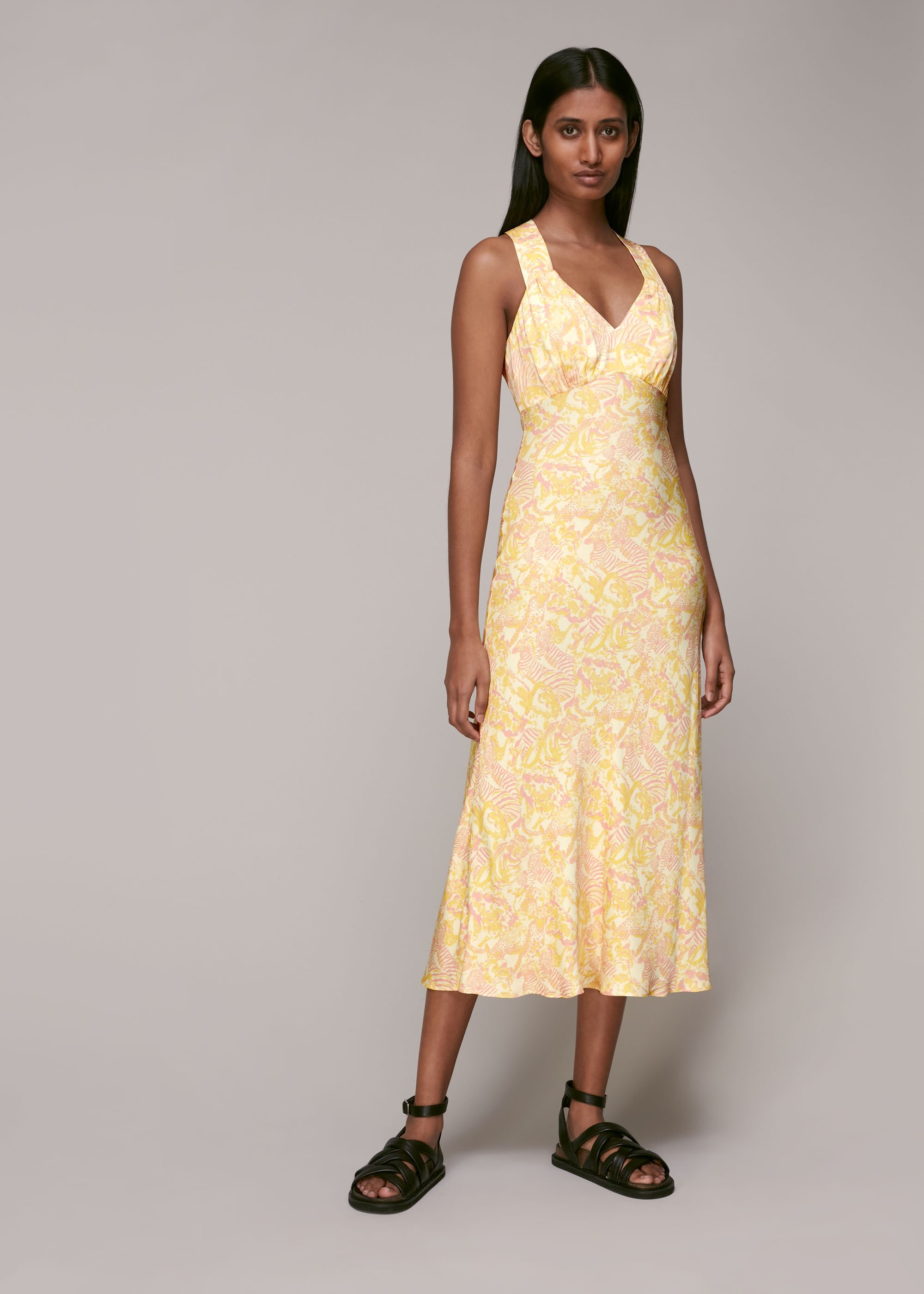 Yellow print store midi dress