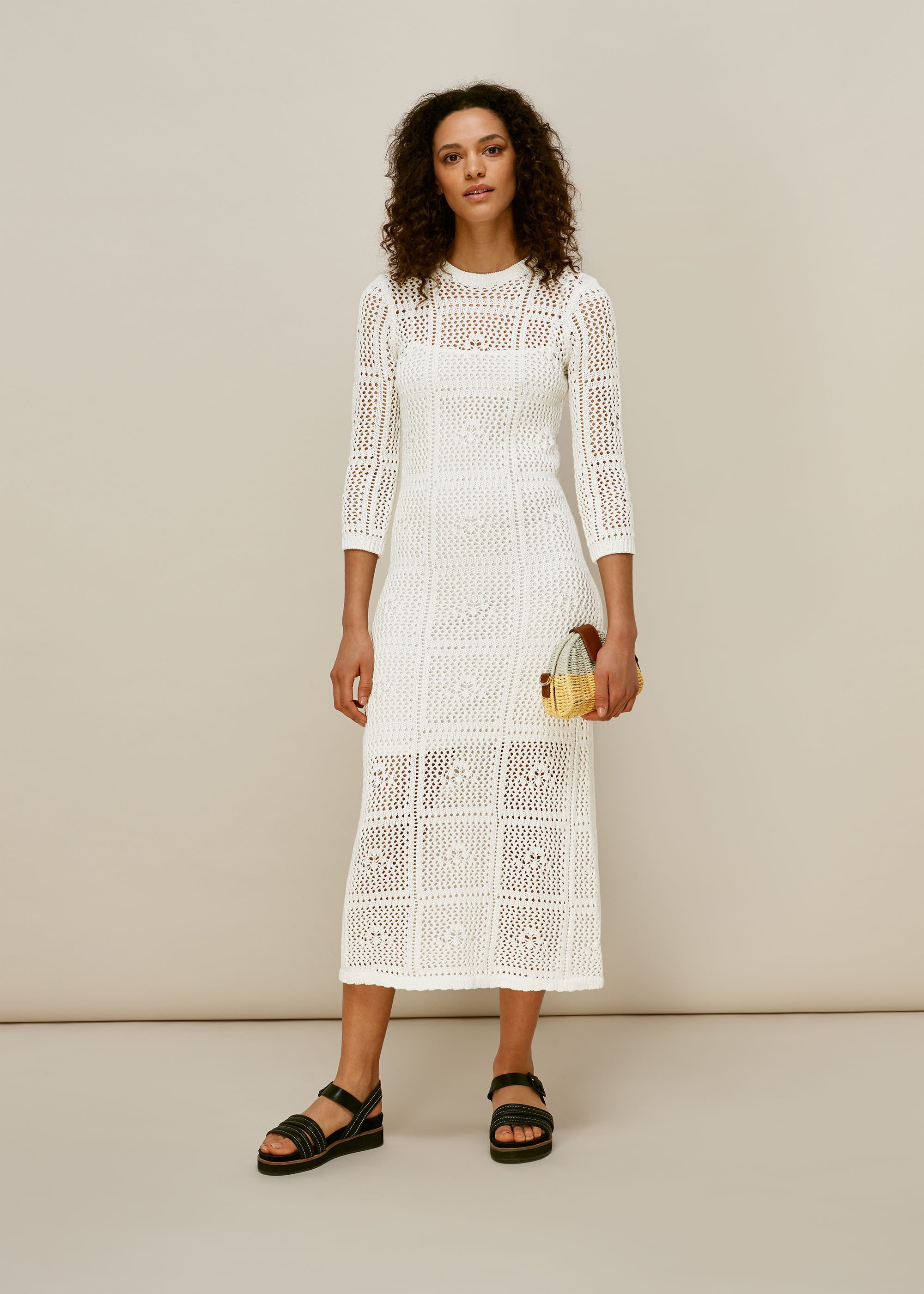 white crochet dress midi