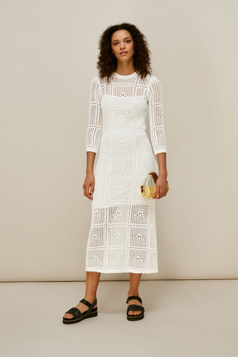 Crochet Knit Midi Dress White