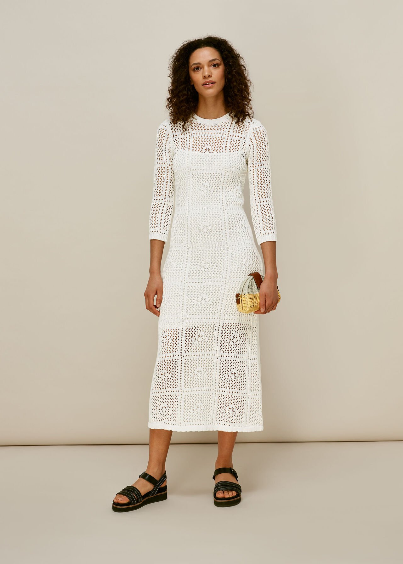 Crochet Knit Midi Dress White