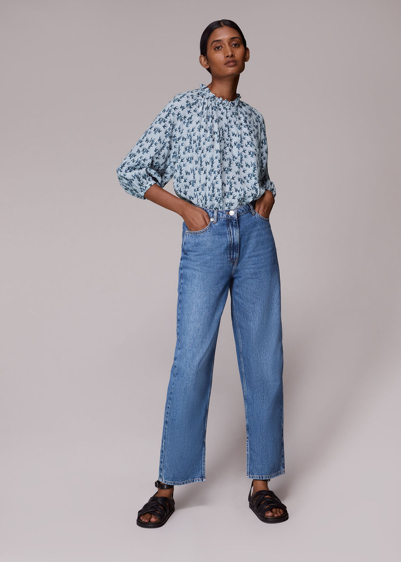 Pale Blue Beatrix Swallows Print Blouse | WHISTLES | Whistles US