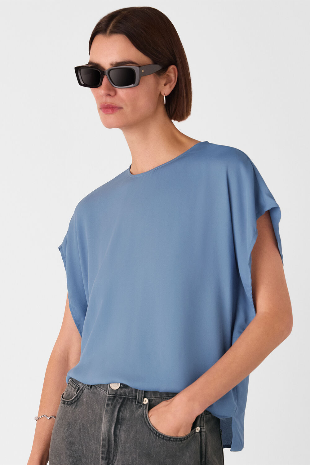 Blue Short Sleeve Crepe Shell Top