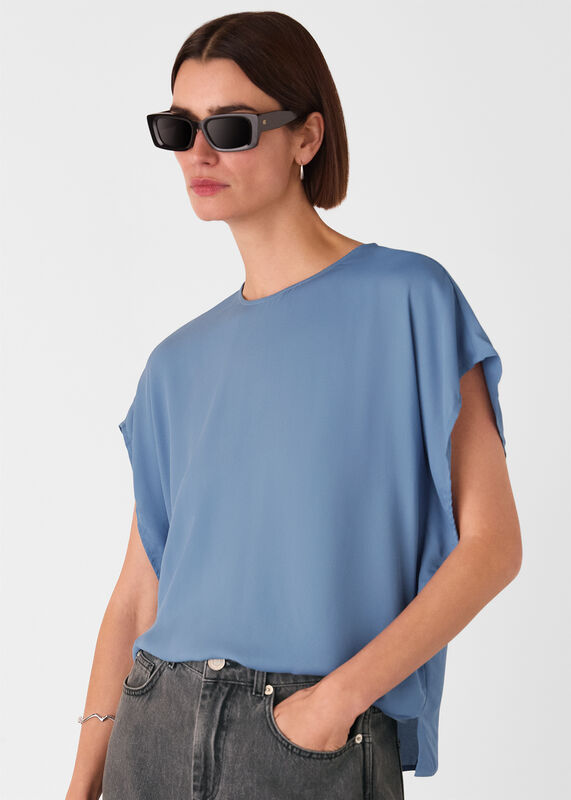 Blue Short Sleeve Crepe Shell Top