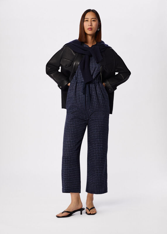 Blue Grid Print Sleeveless Jumpsuit