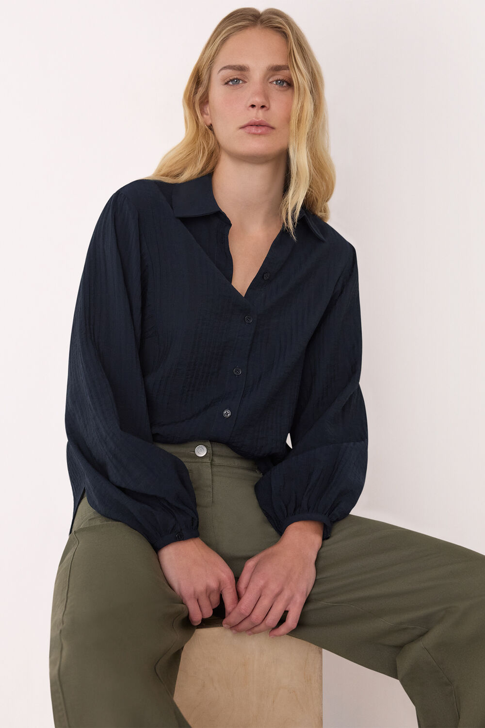 Navy Textured Relaxed Viscose Shirt
