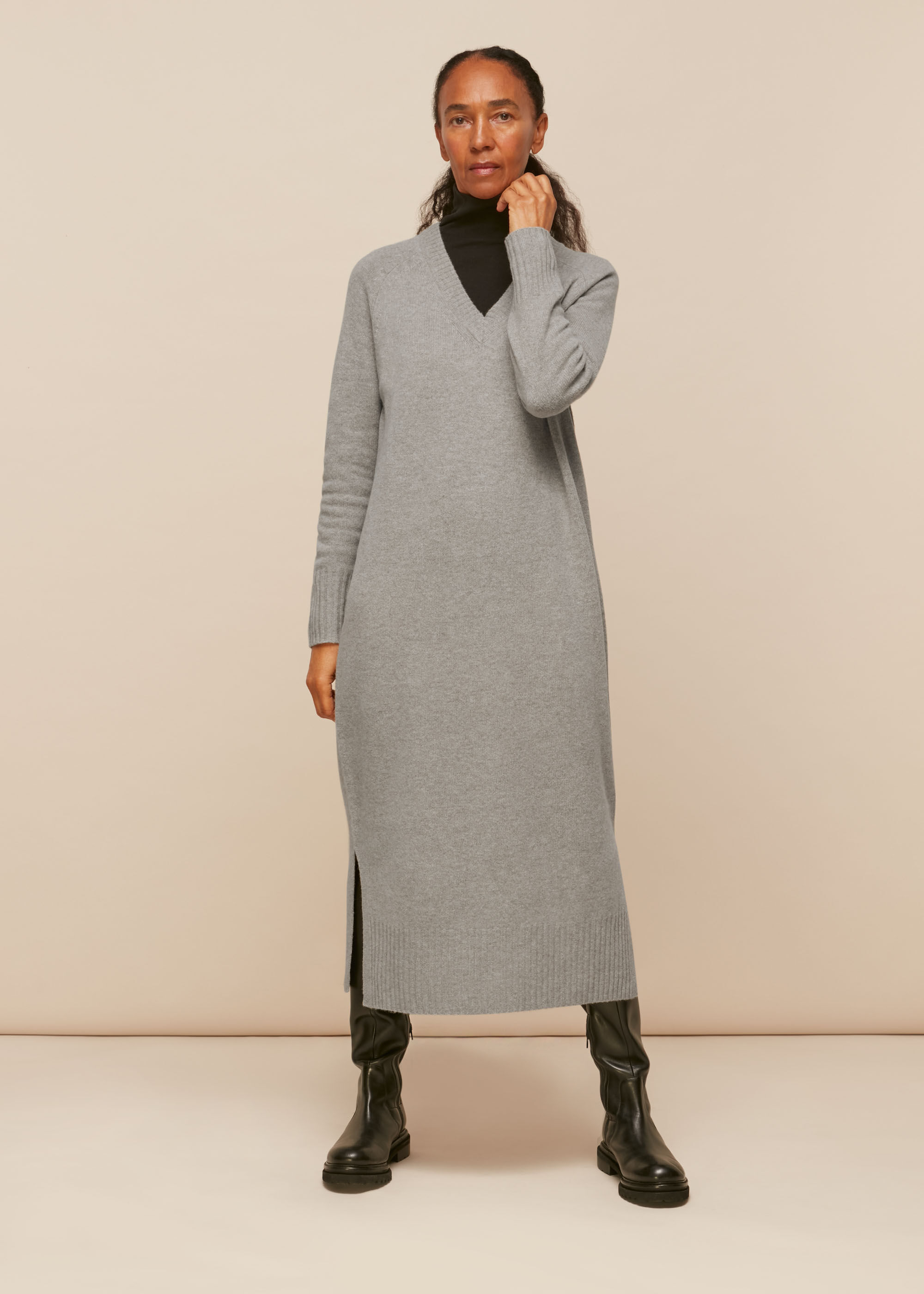 【THE MOZZ】[Premium] Wool Knit V-Neck Long One Piece Modal and Cashmere V-neck Knit with Perfect Cashmere Lace