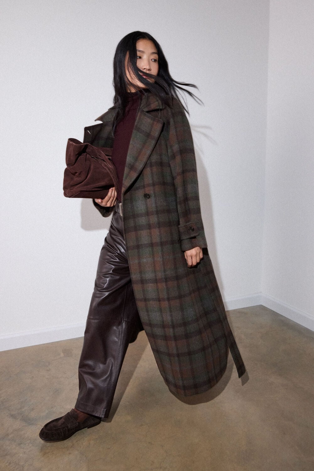 Khaki Funnel Neck Check Coat