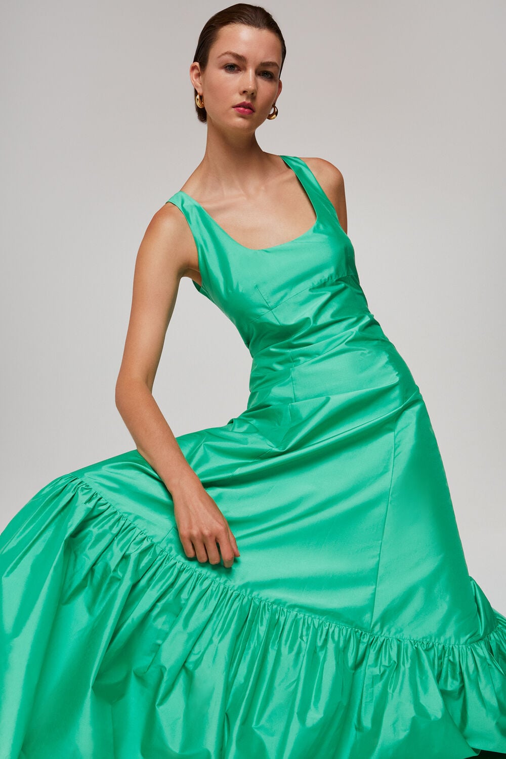 Green Taffeta Silk Blend Maxi Dress
