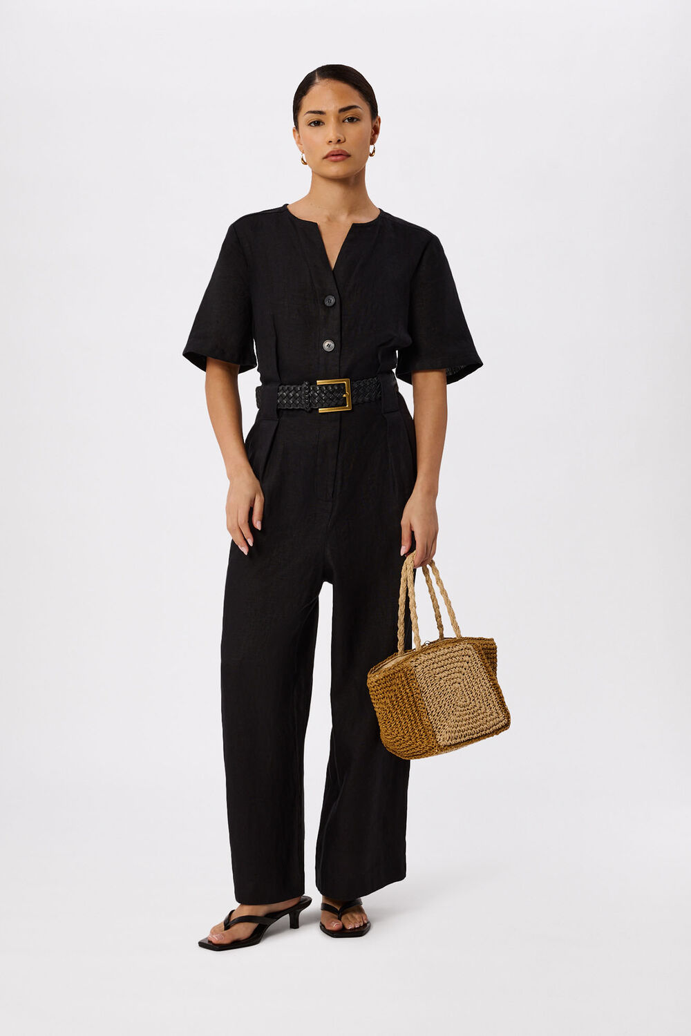 Black Petite Fiona Linen Button Jumpsuit