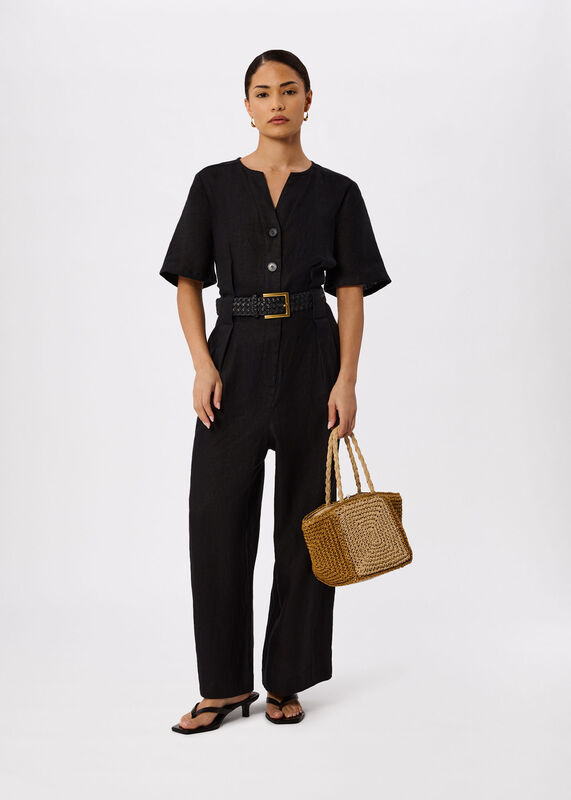 Black Petite Fiona Linen Button Jumpsuit