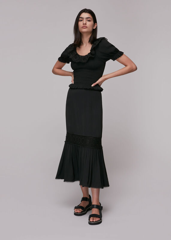 Black Crochet Detail Smocked Top