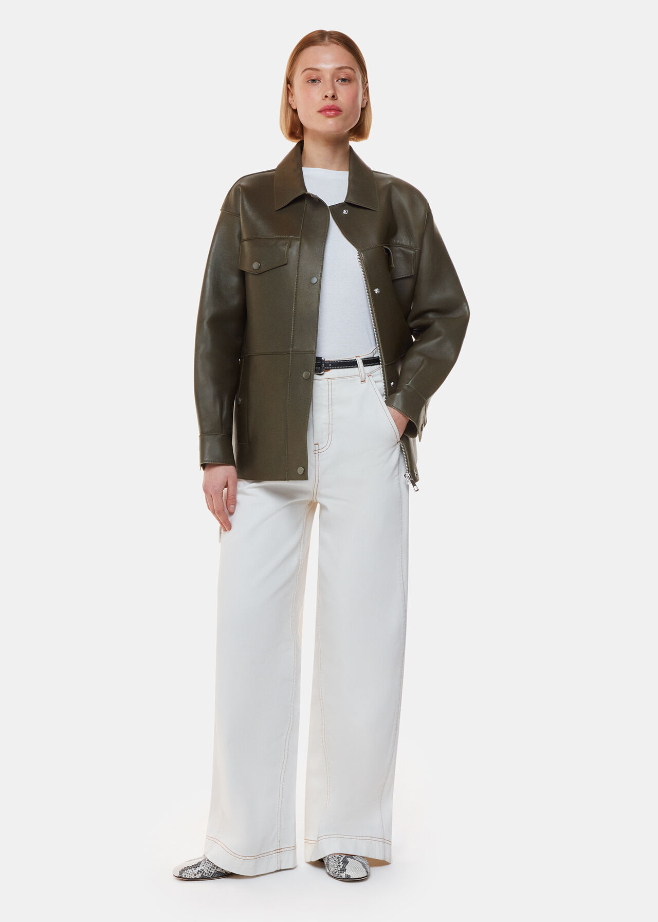 Khaki Clean Bonded Leather Jacket WHISTLES Whistles US