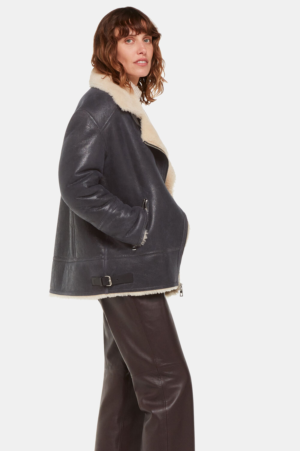 Navy Annika Leather Aviator Jacket