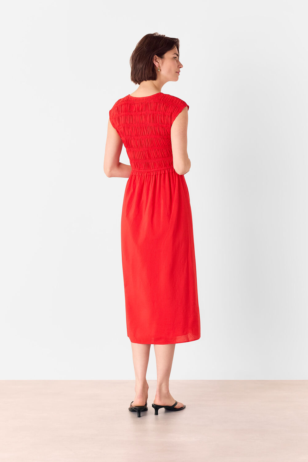 Red Shirred Bodice V Neck Dress