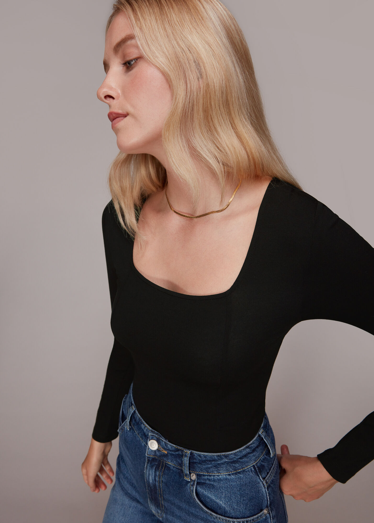 Black Square Neck Long Sleeve Top