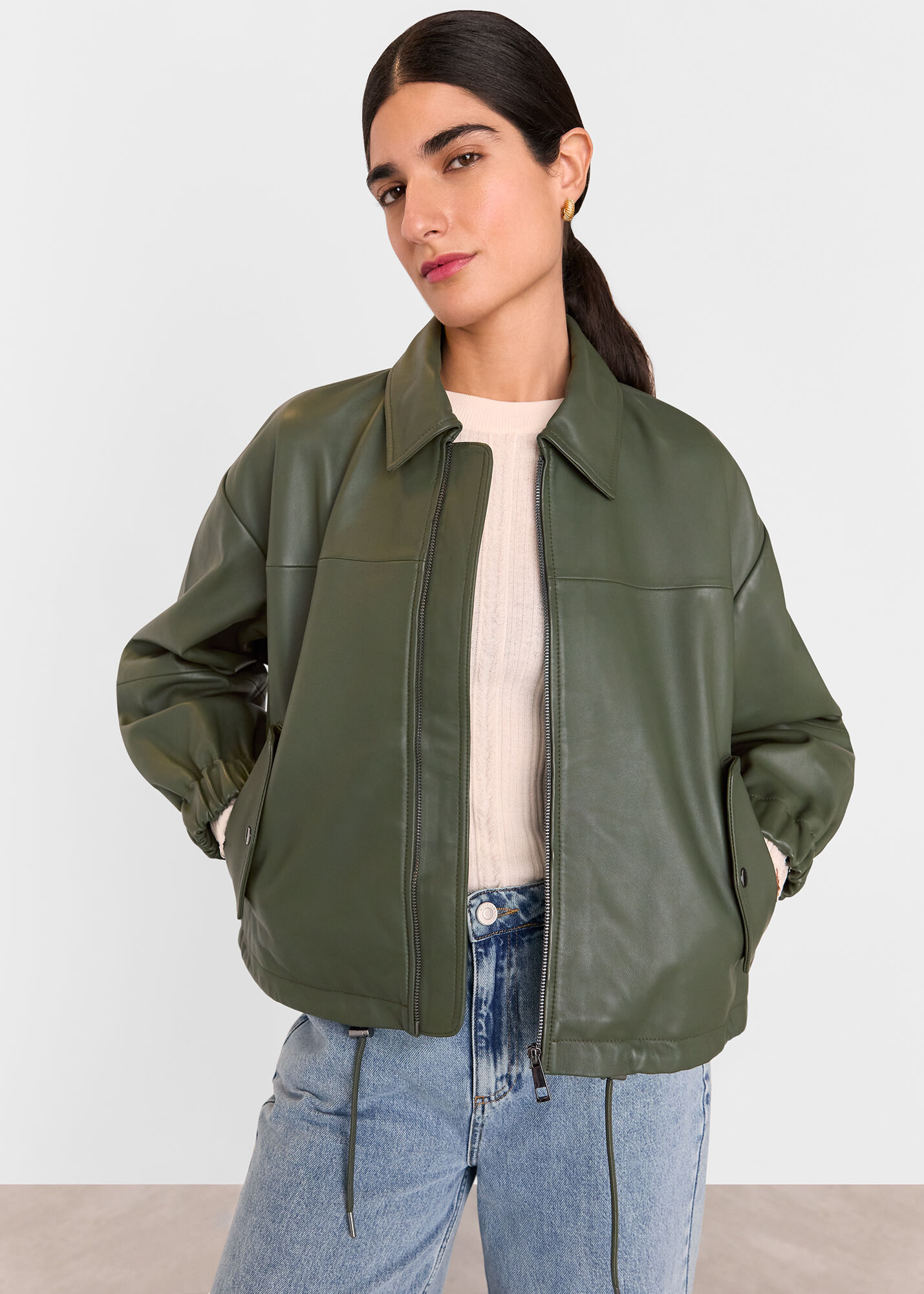 Khaki Frida Leather Bomber Jacket | WHISTLES | Whistles US |