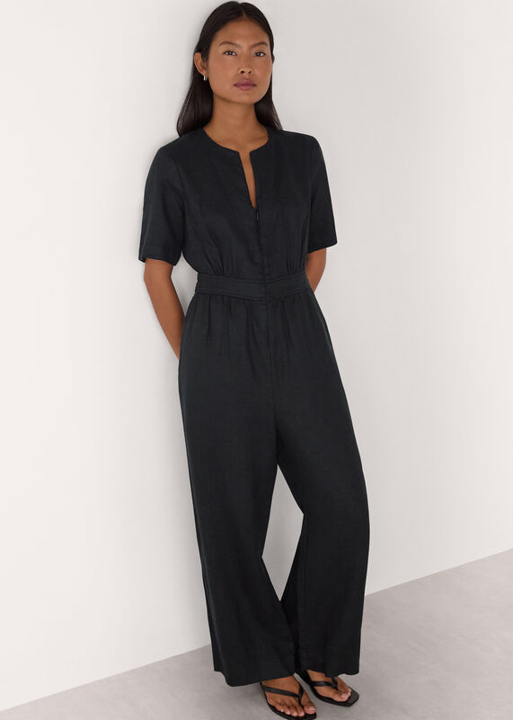 Black Petite Fiona Linen Button Jumpsuit
