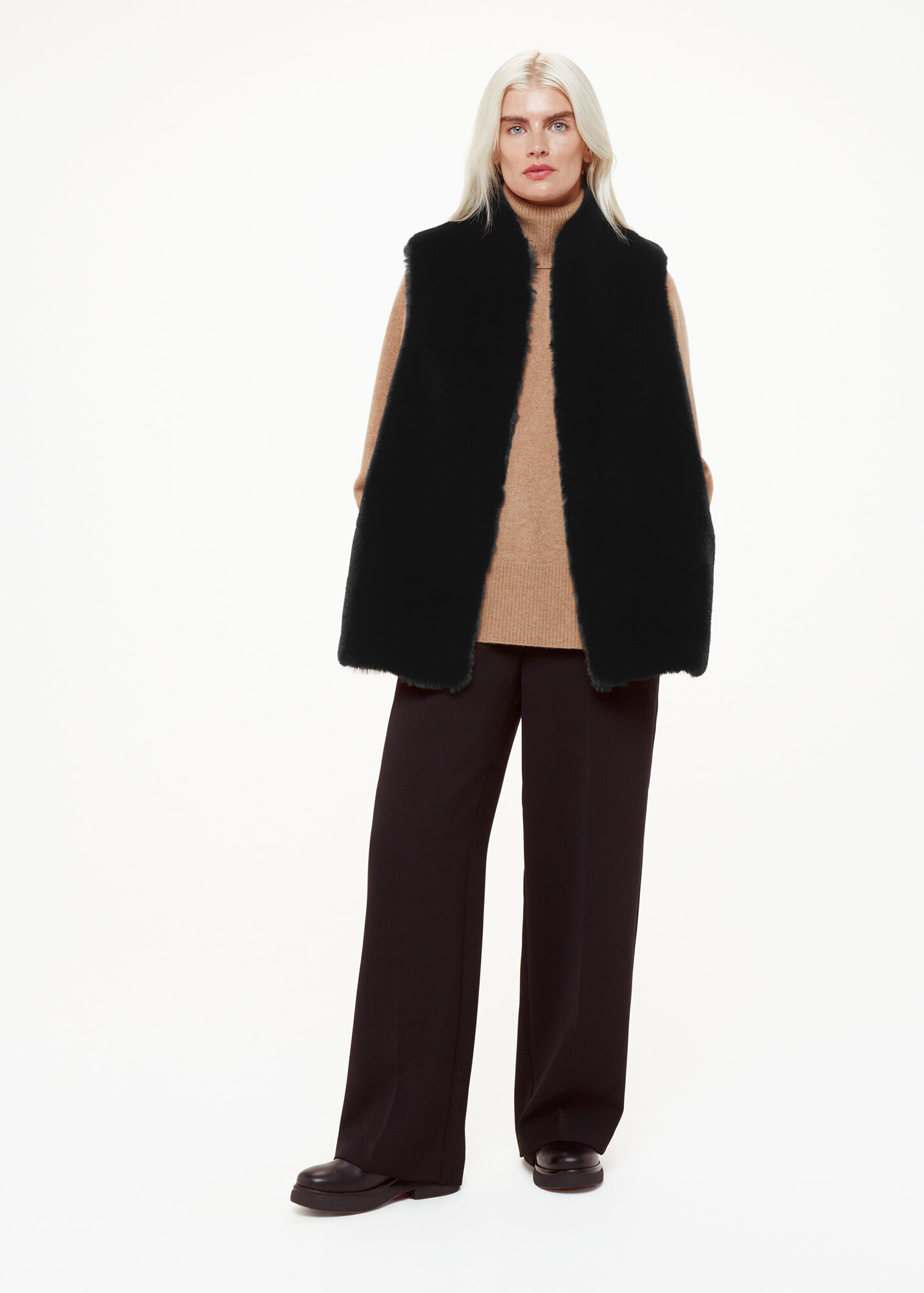 Faux Fur Sleeveless Gilet With Faux Leather Side Panels main image 1