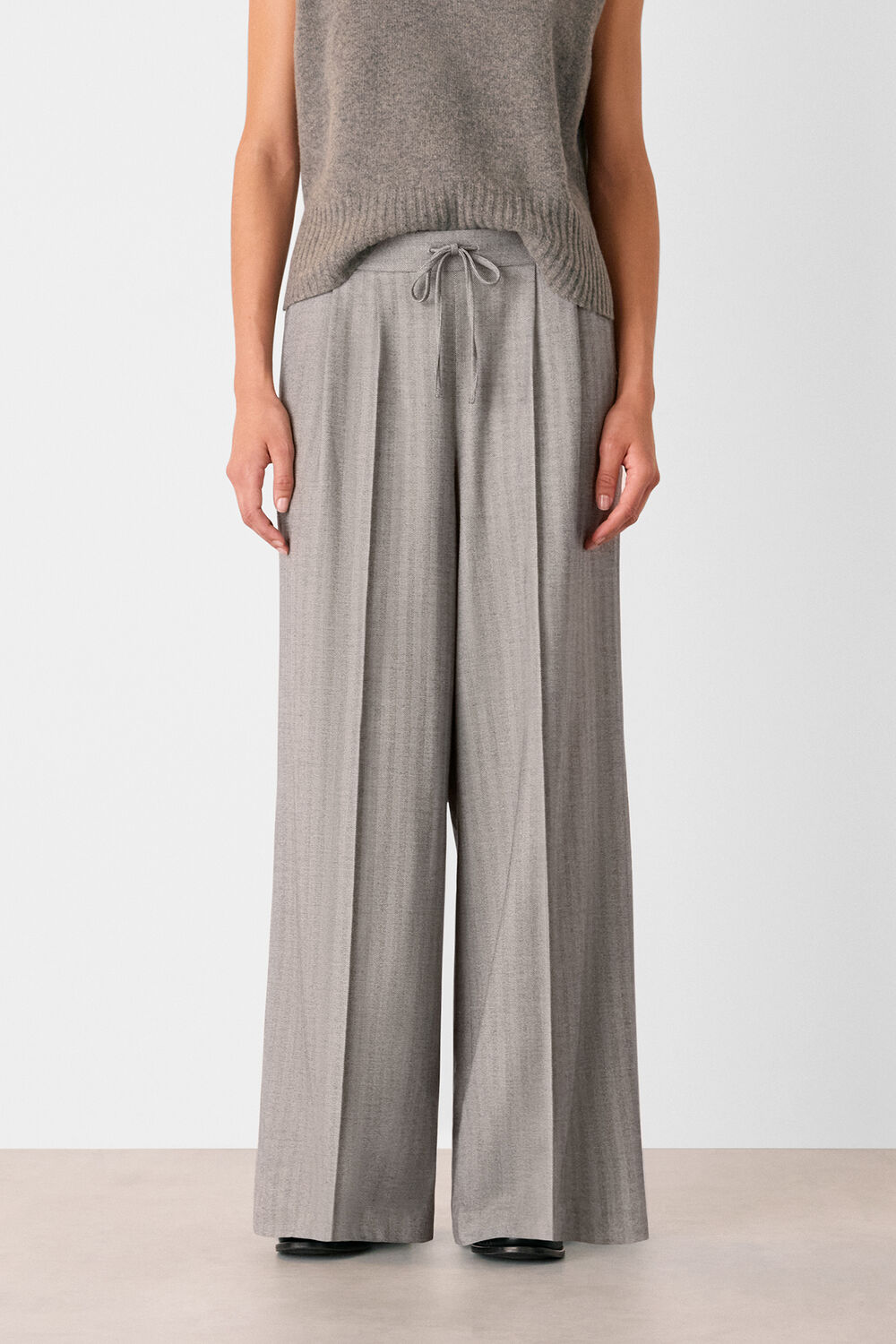 Grey Herringbone Wide Leg Trouser