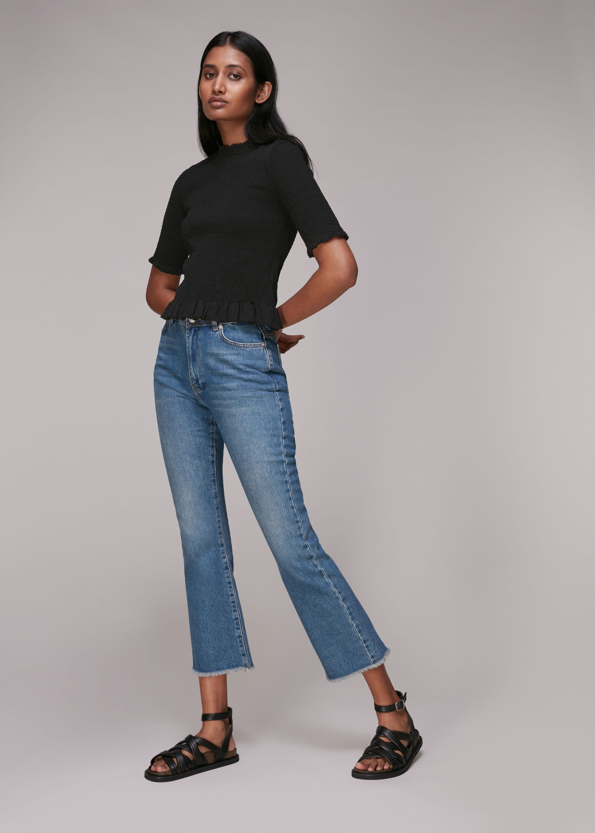 Black Short Sleeve Shirred Top | WHISTLES | Whistles US |