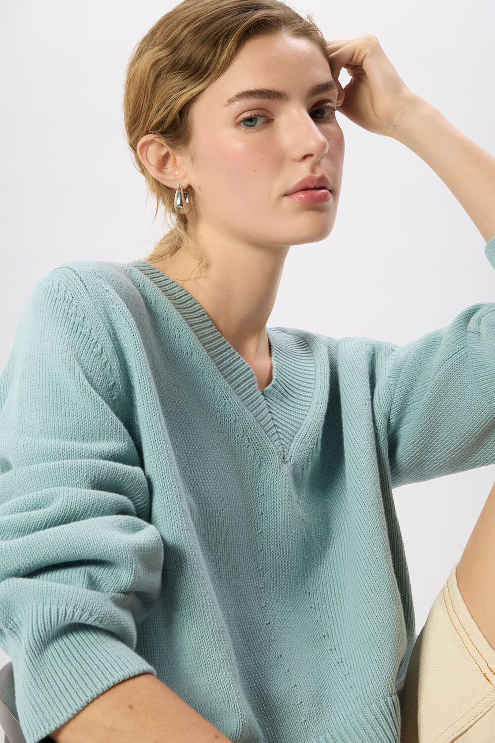 Blue Cotton V Neck Relaxed Knit