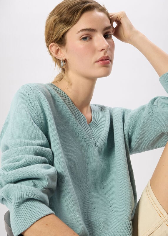 Blue Cotton V Neck Relaxed Knit