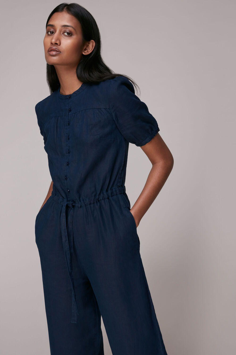 Button Front Linen Jumpsuit