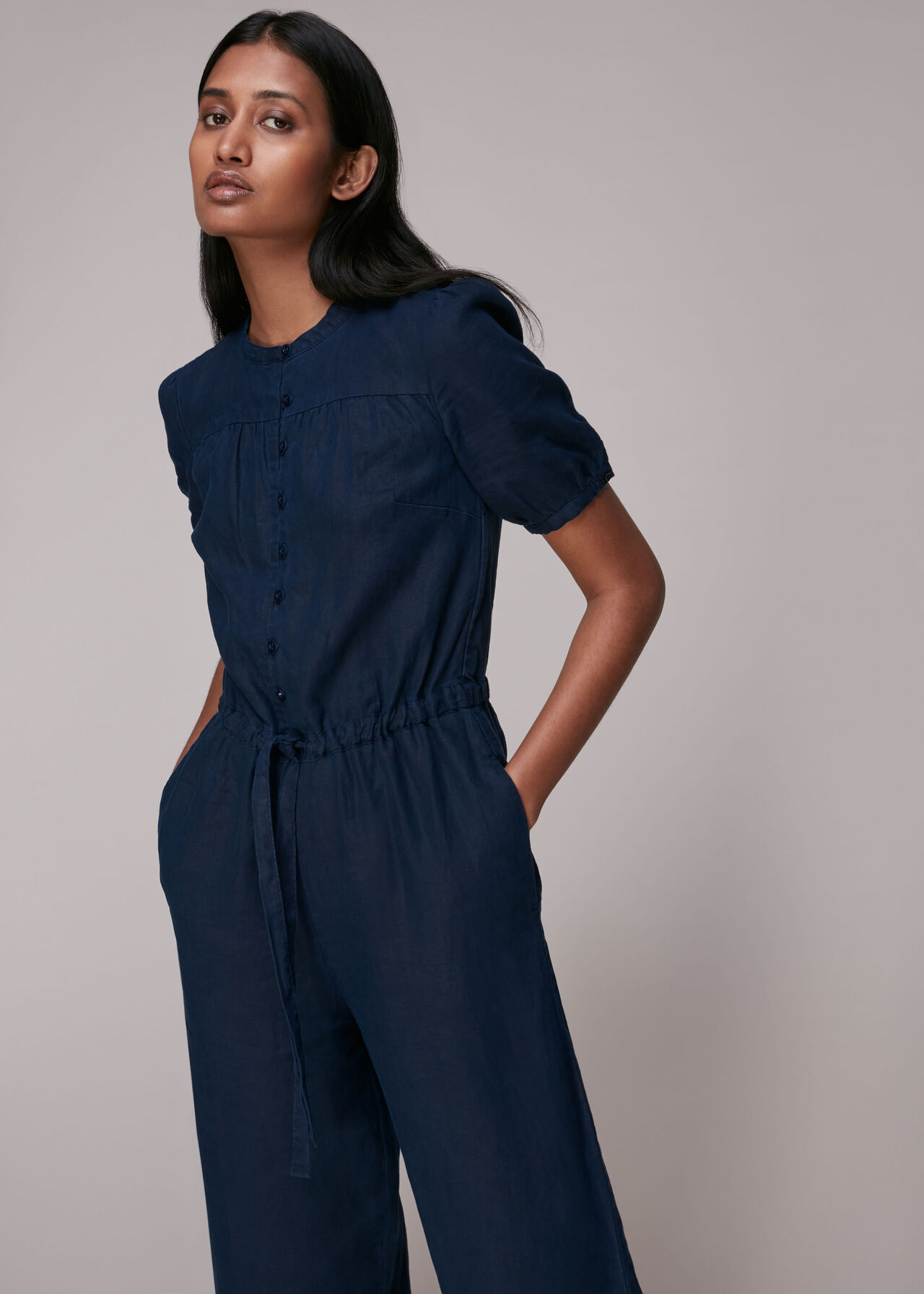 Button Front Linen Jumpsuit