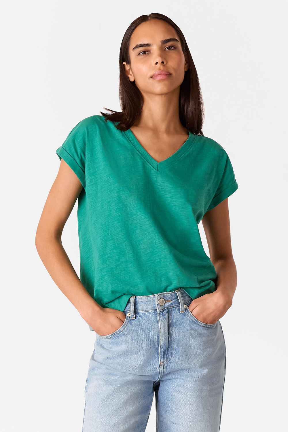 Green Willa V Neck Cap Sleeve Tee