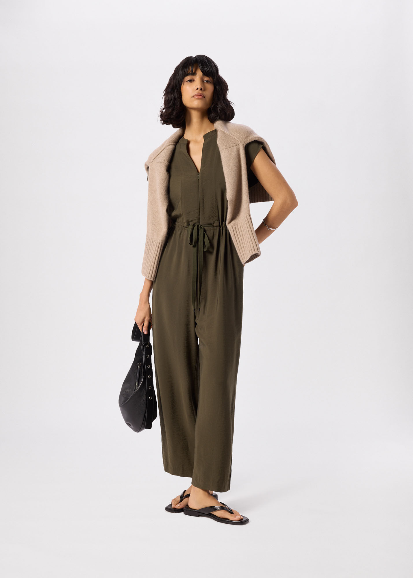 Khaki Sleeveless Drawstring Jumpsuit | WHISTLES | Whistles US |
