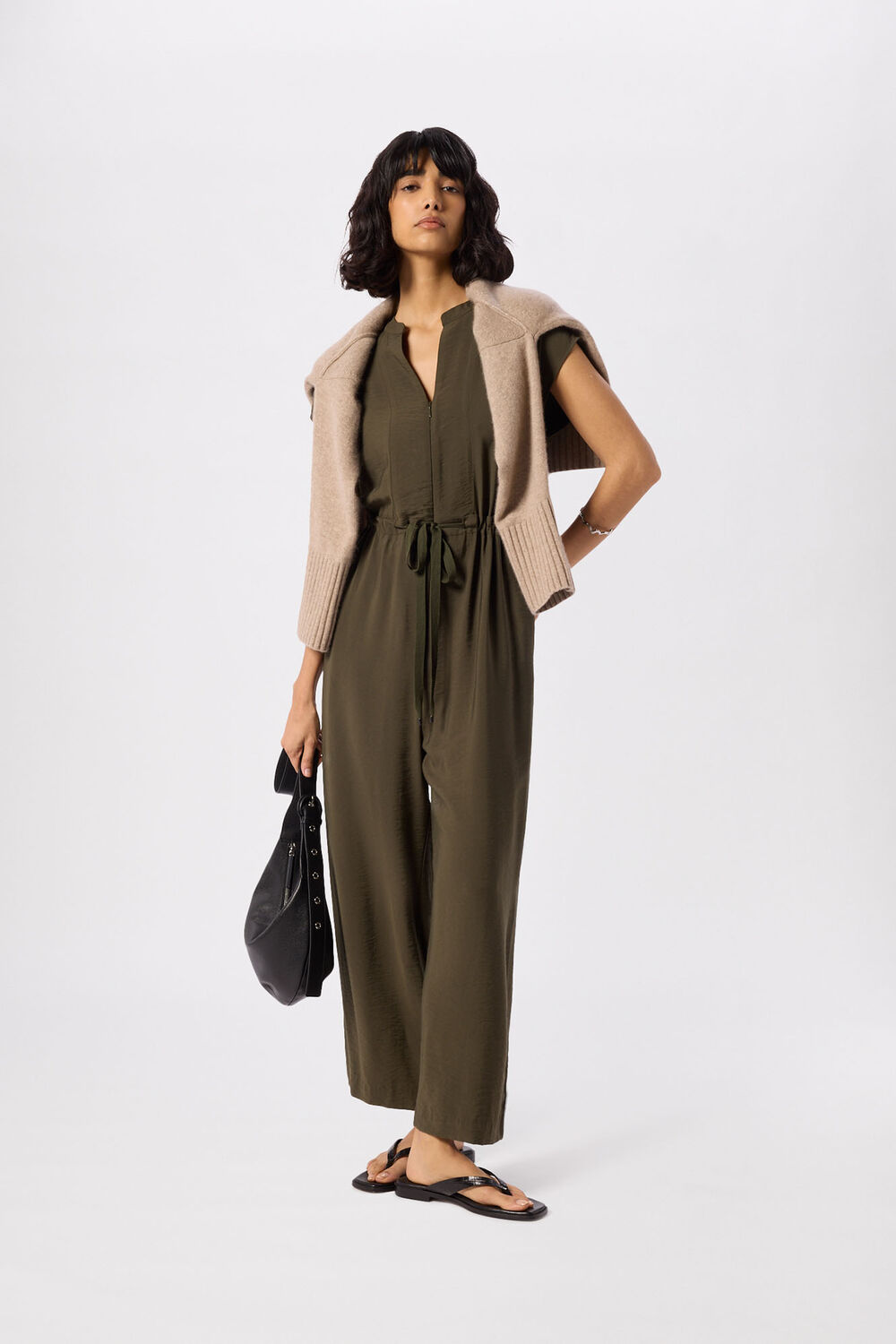 Khaki Sleeveless Drawstring Jumpsuit