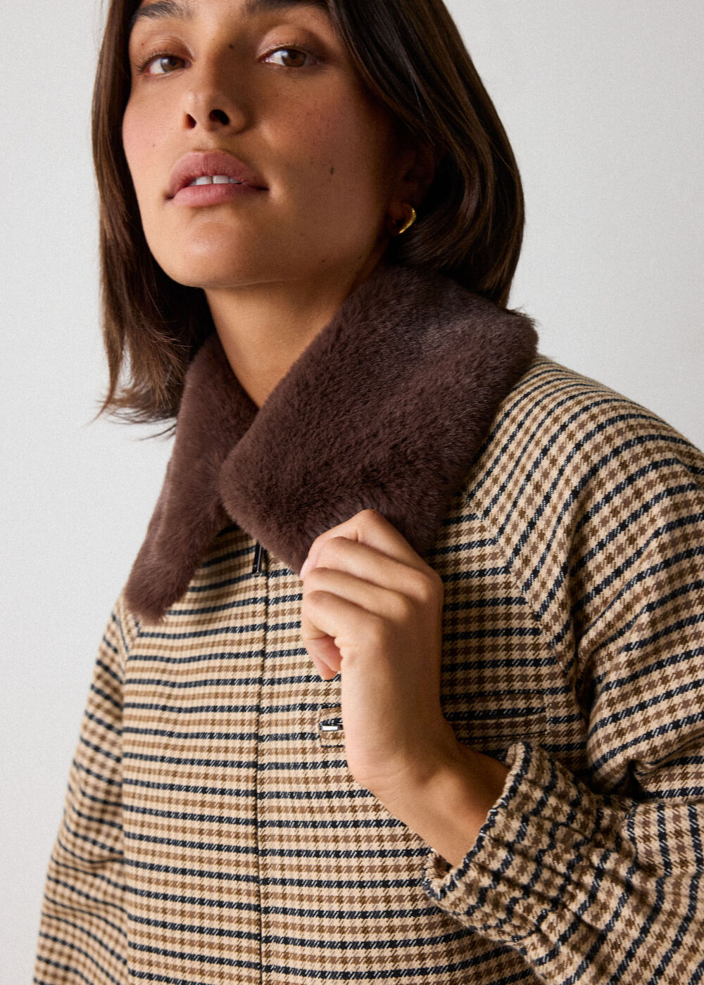 Brown Faux Fur Collar Check Bomber