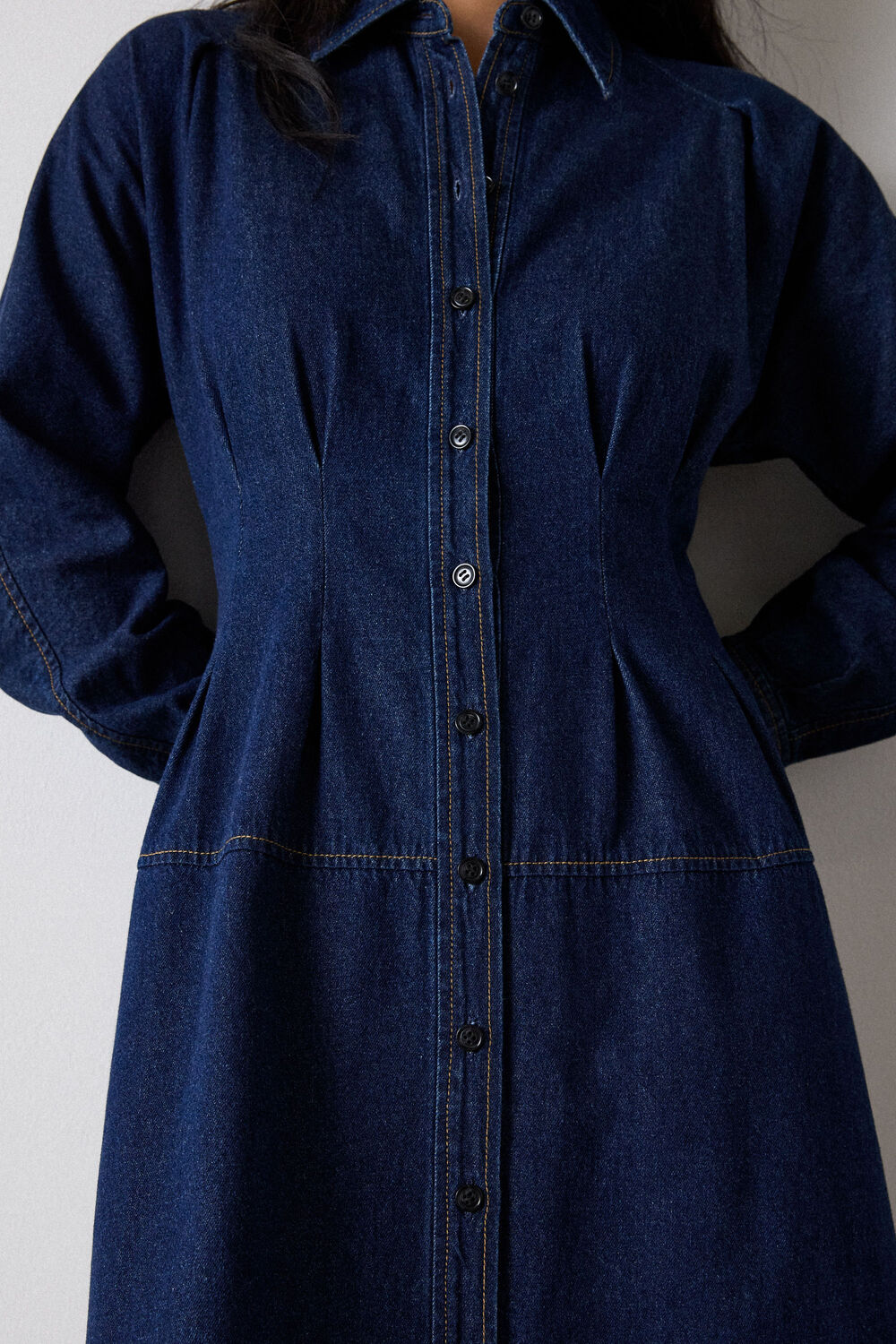 Dark Denim Waisted Midi Shirt Dress