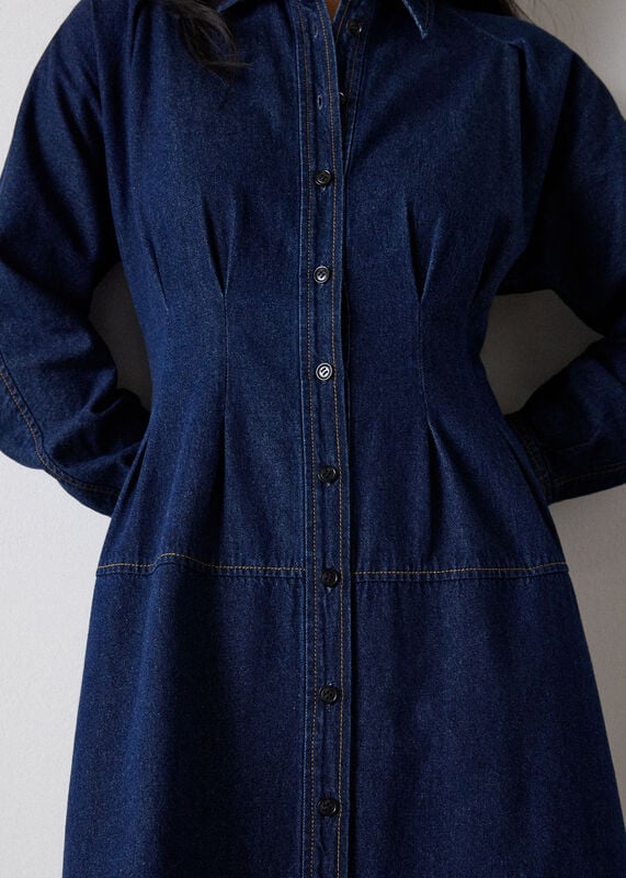 Dark Denim Waisted Midi Shirt Dress
