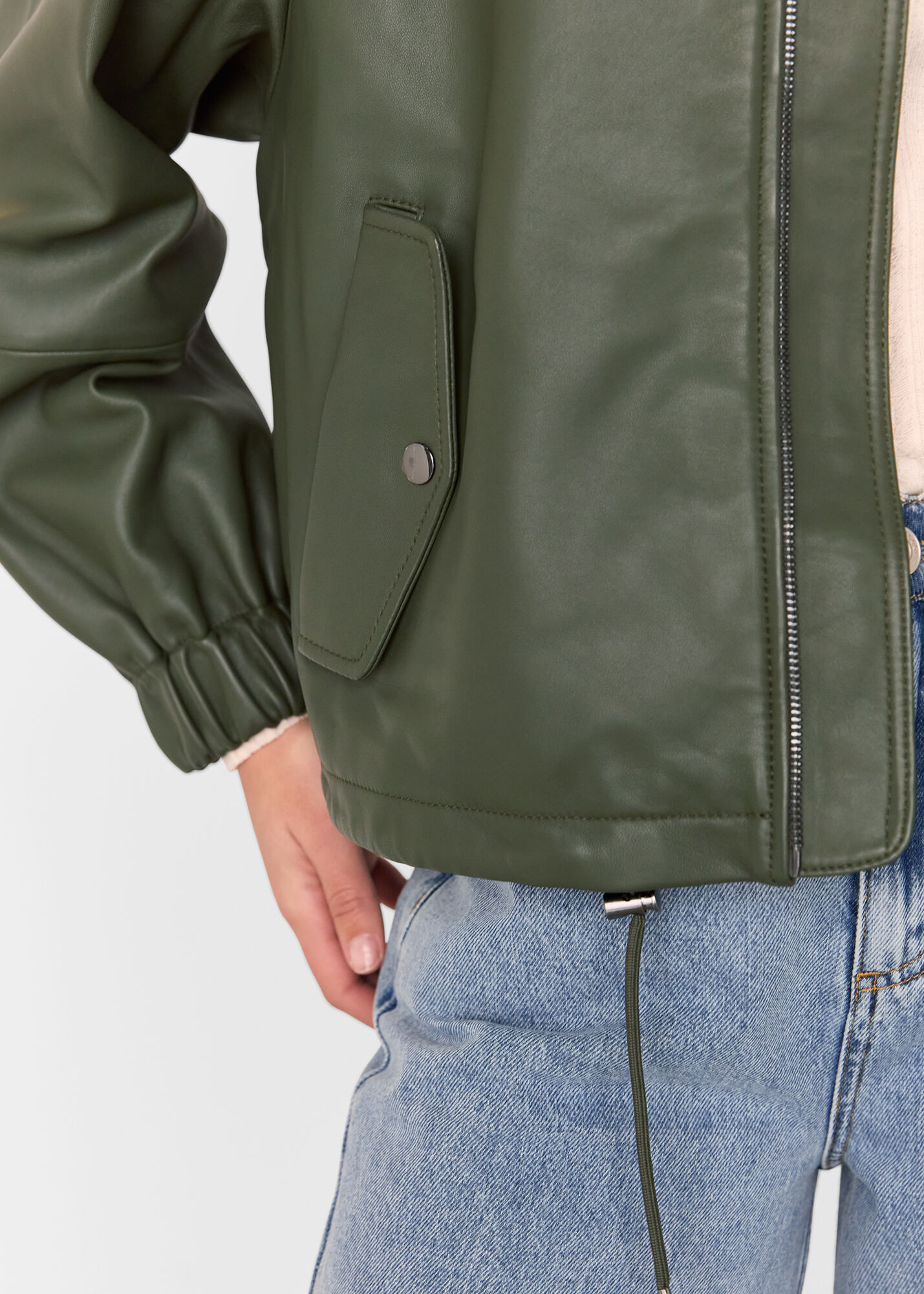 Khaki Frida Leather Bomber Jacket | WHISTLES | Whistles US |