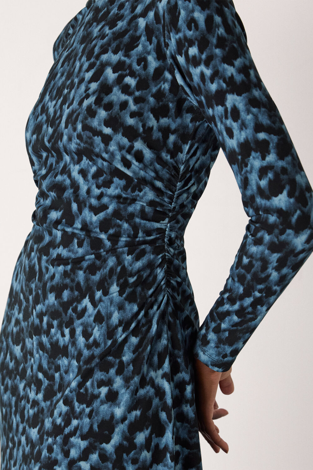 Blue Animal Jersey Ruched Dress