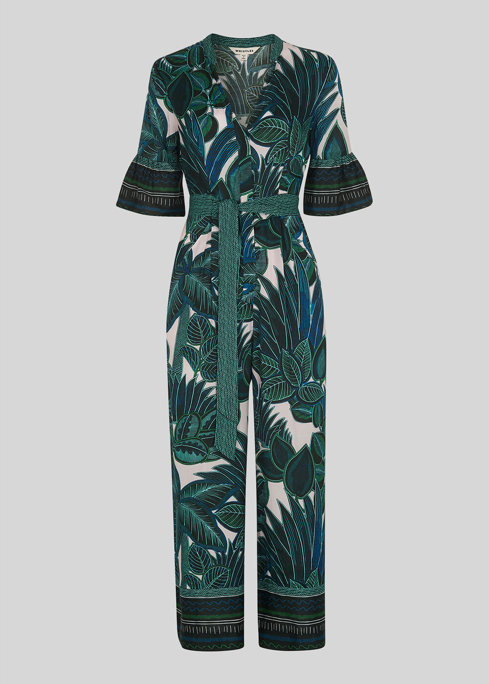 Palm Print Tie Front Jumpsuit