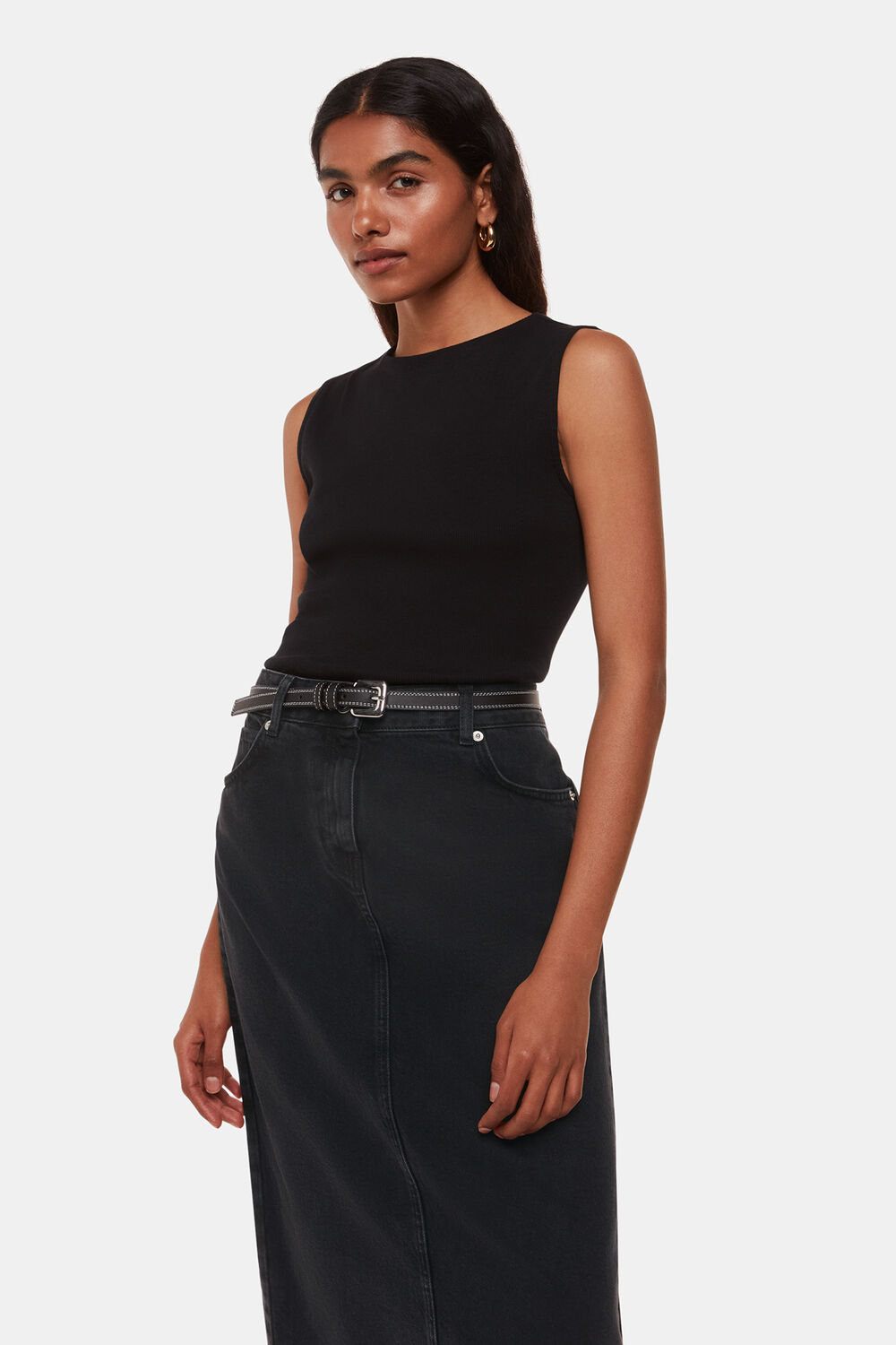 Petite Straight Denim Midi Skirt