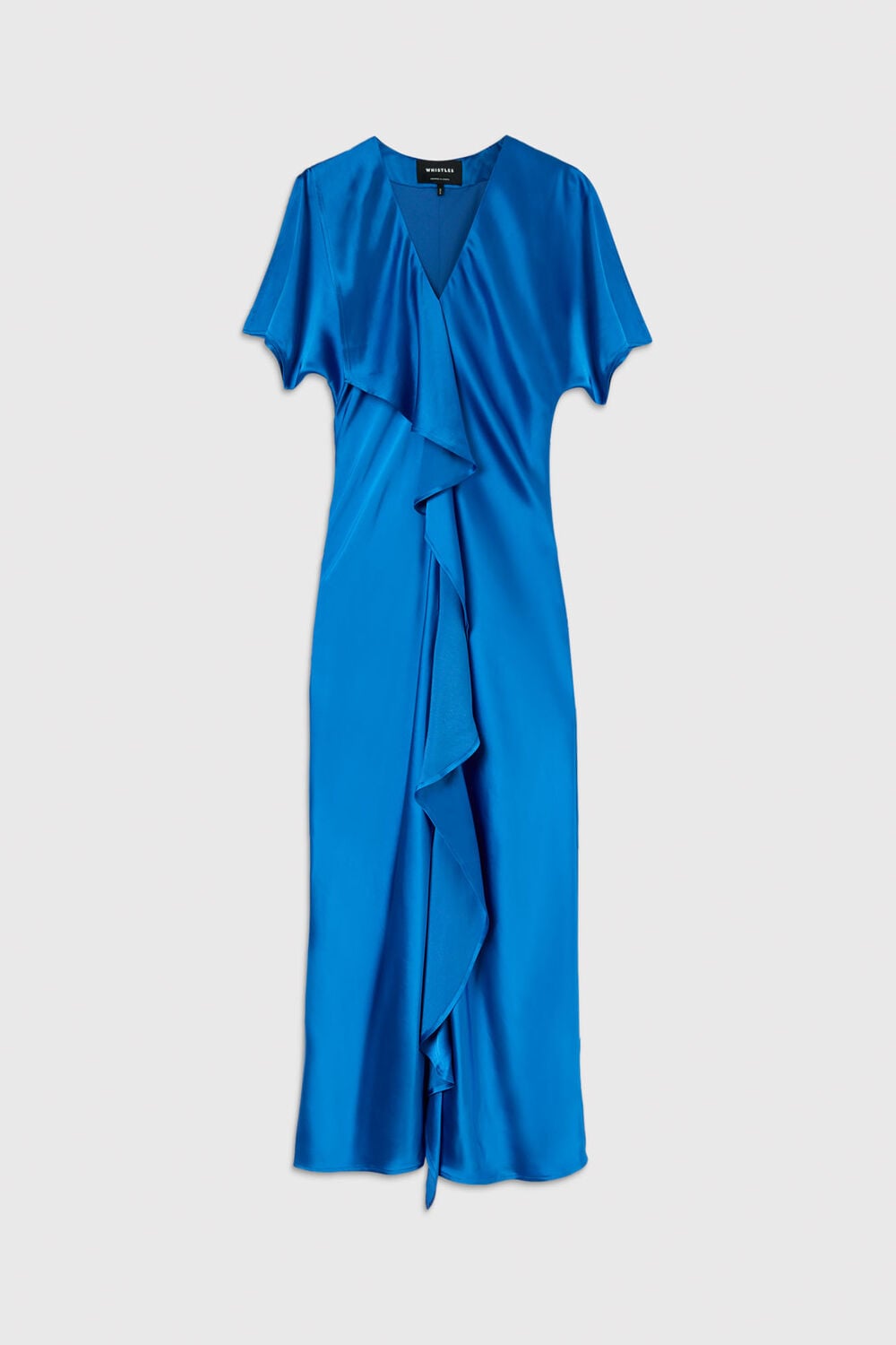 Blue V Neck Ruffle Satin Dress