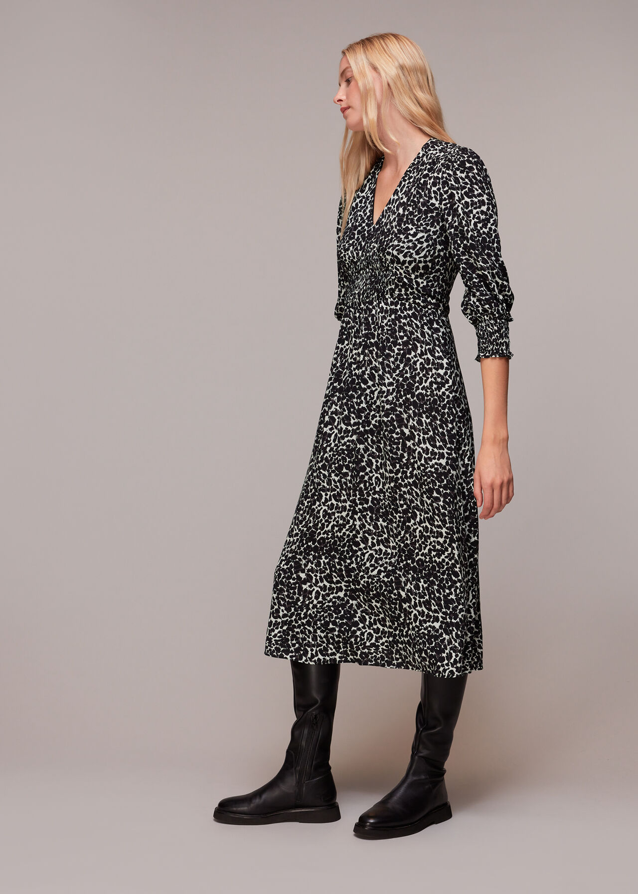 Shadow Leopard Shirred Dress