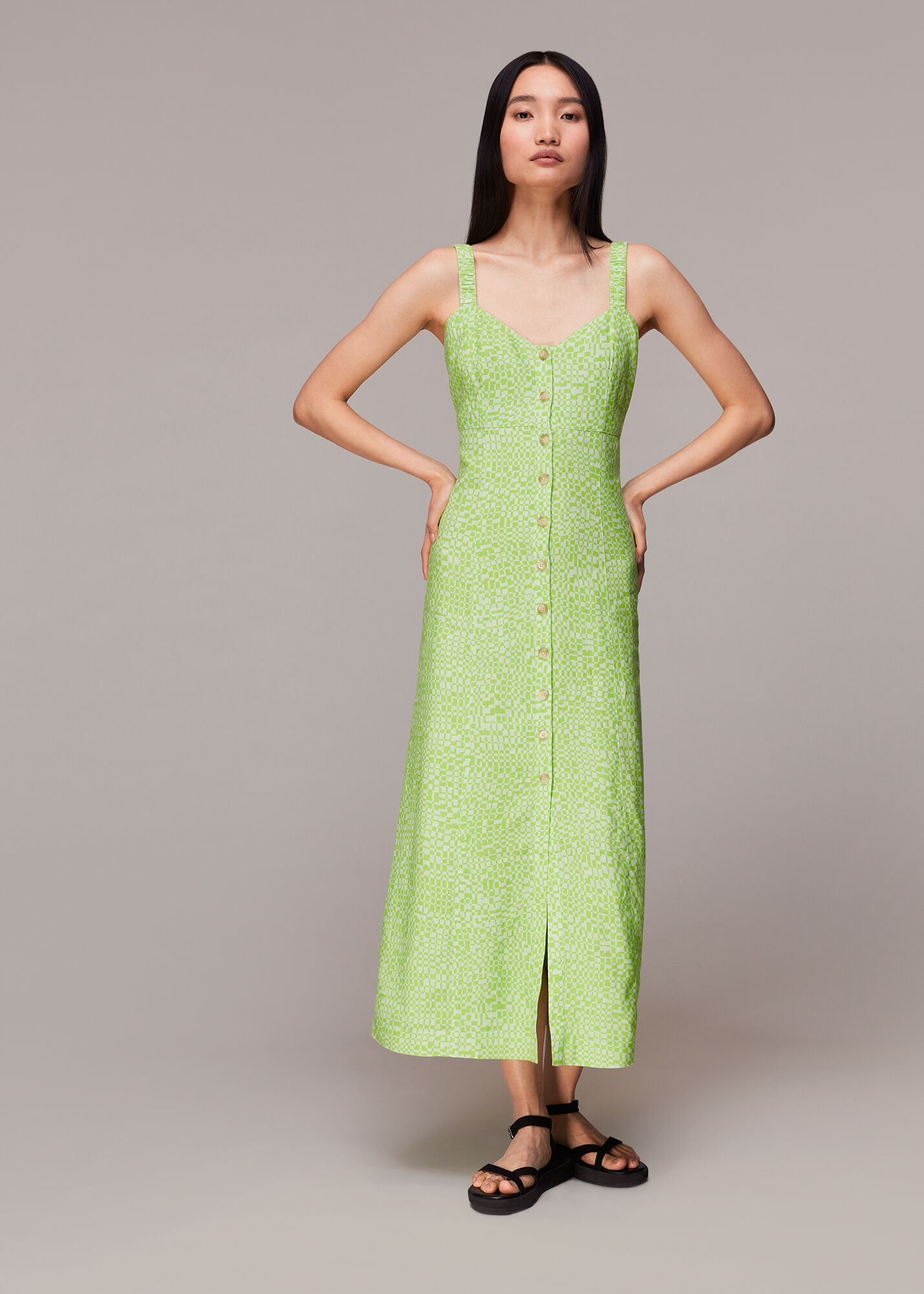 Lime Warped Checkerboard Midi Dress | WHISTLES | Whistles US |