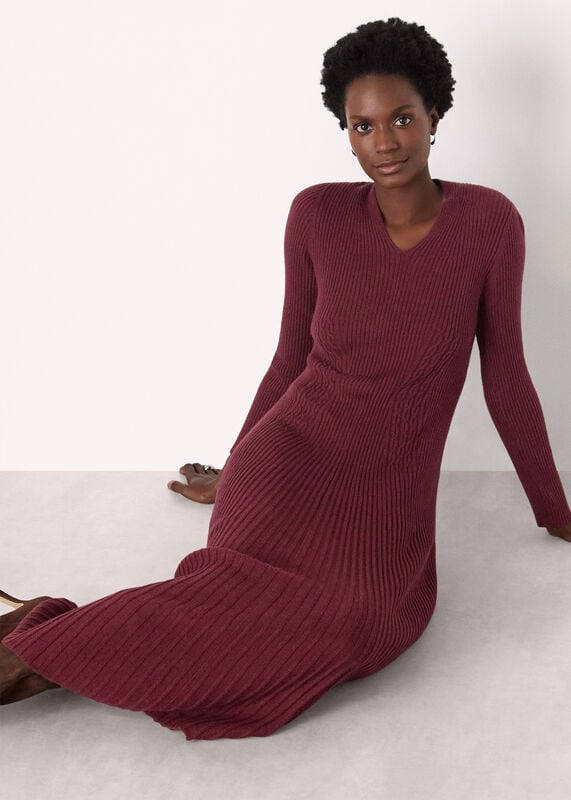 Burgundy V Neck Cable Ribbed Knit Dress