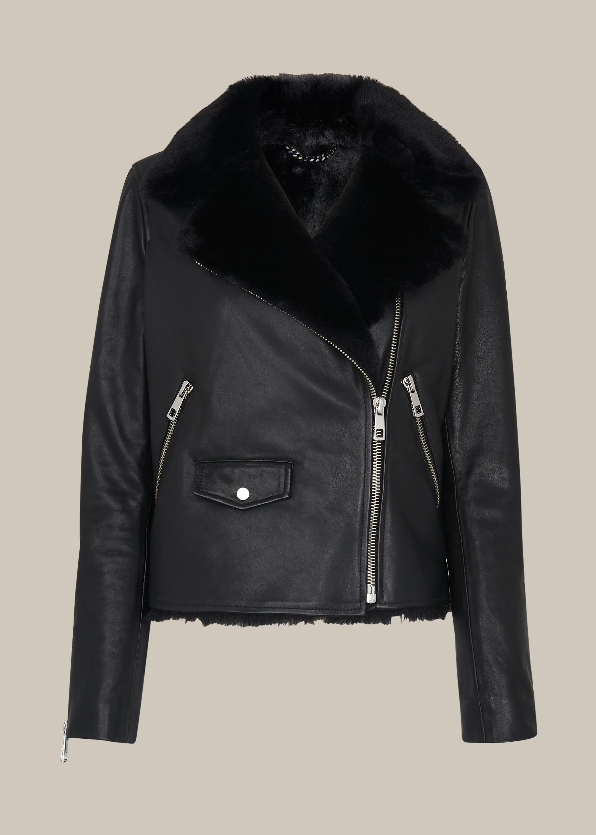 Whistles faux fur biker jacket black sale