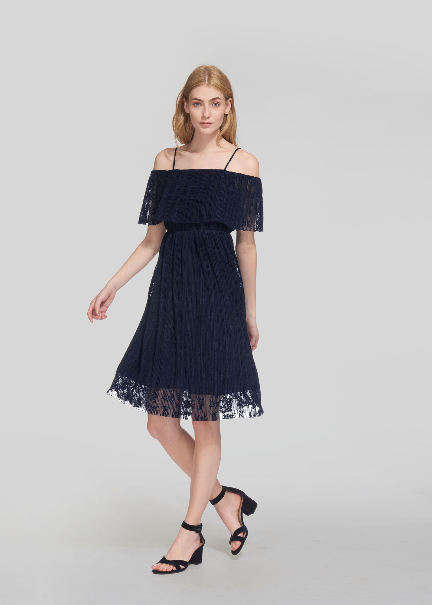 Off Shoulder Pleated Dress, Navy WHISTLES Whistles UK