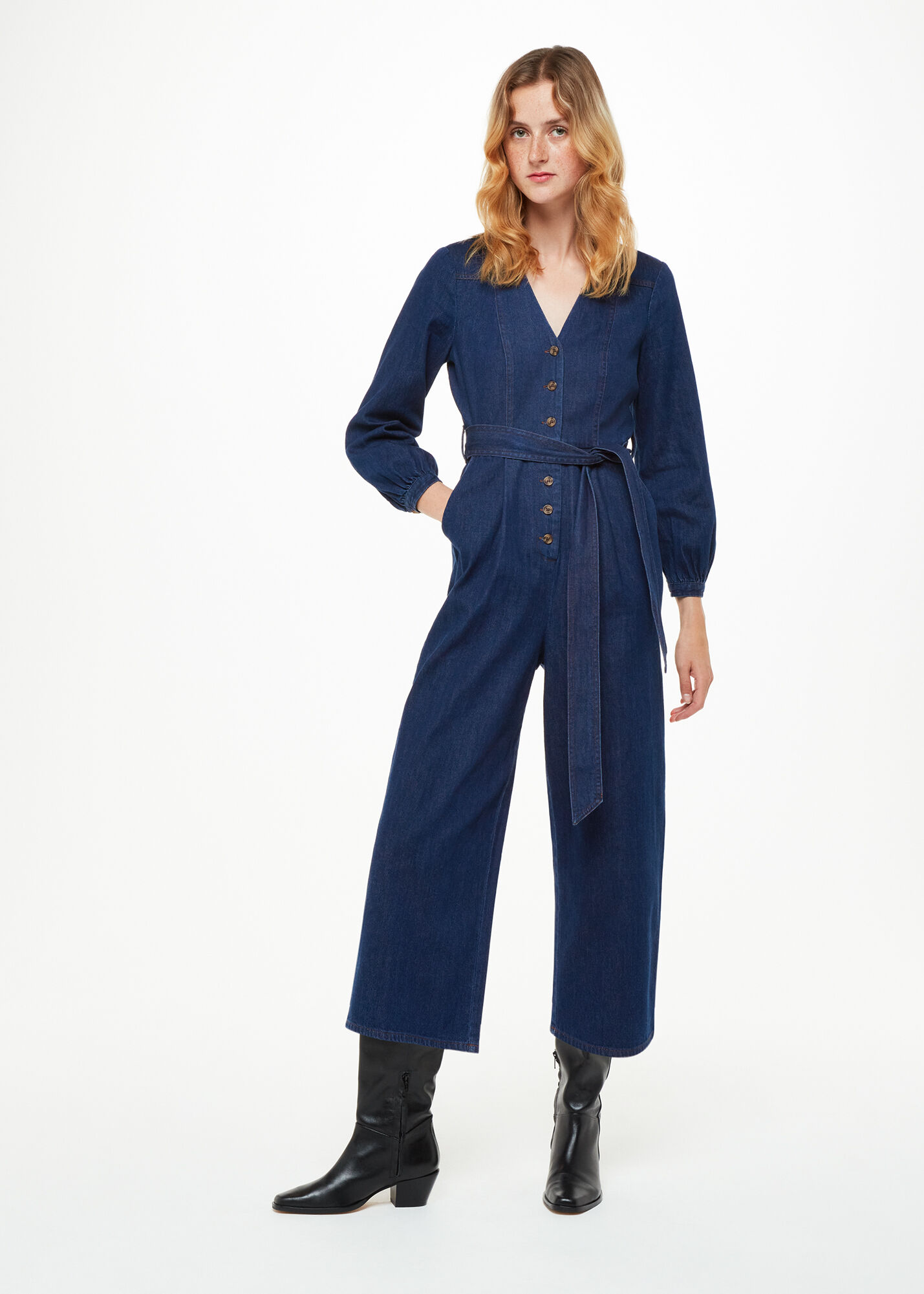 Belted denim jumpsuit on sale