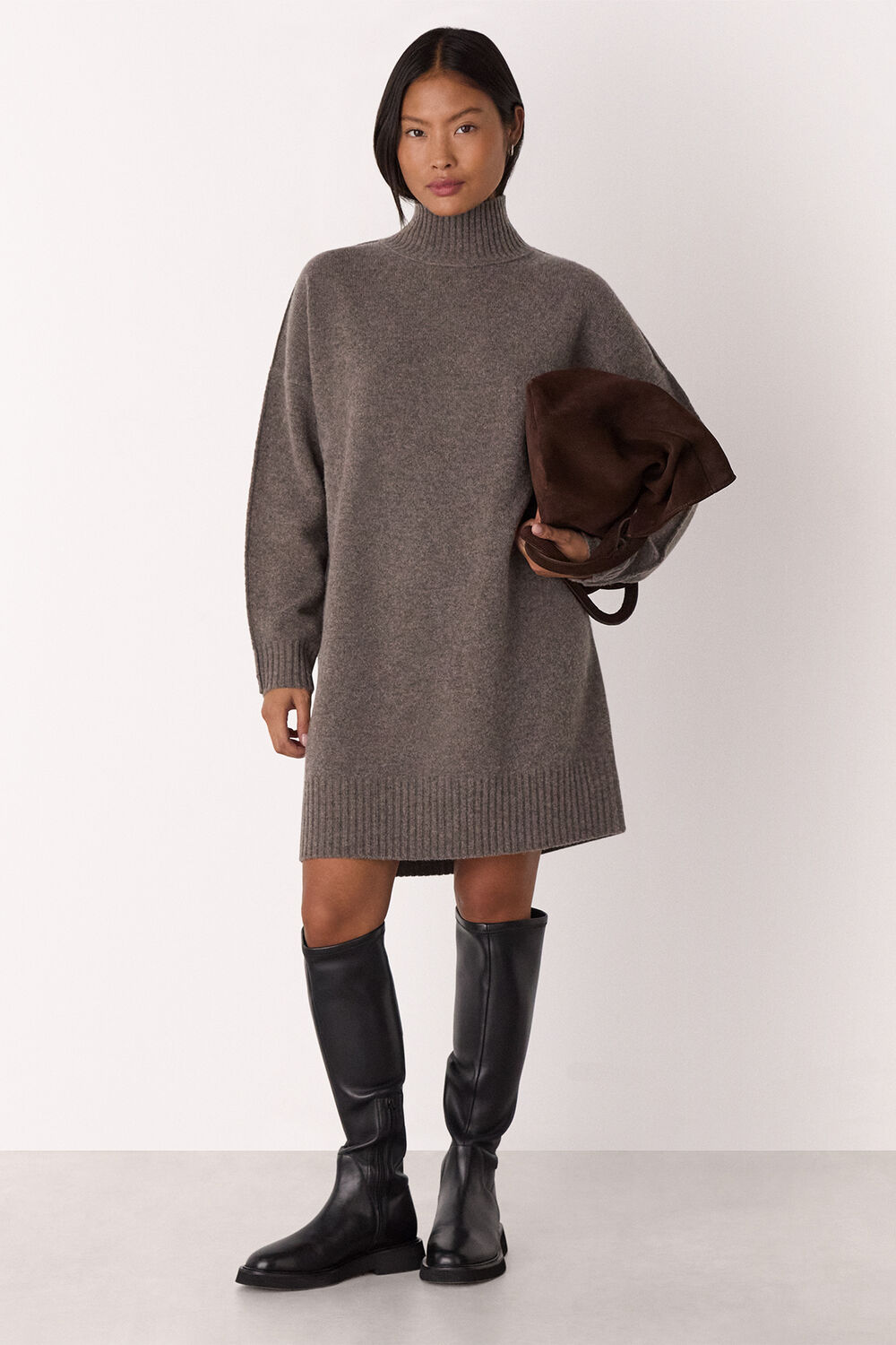 Taupe Petite Funnel Neck Wool Mini Dress