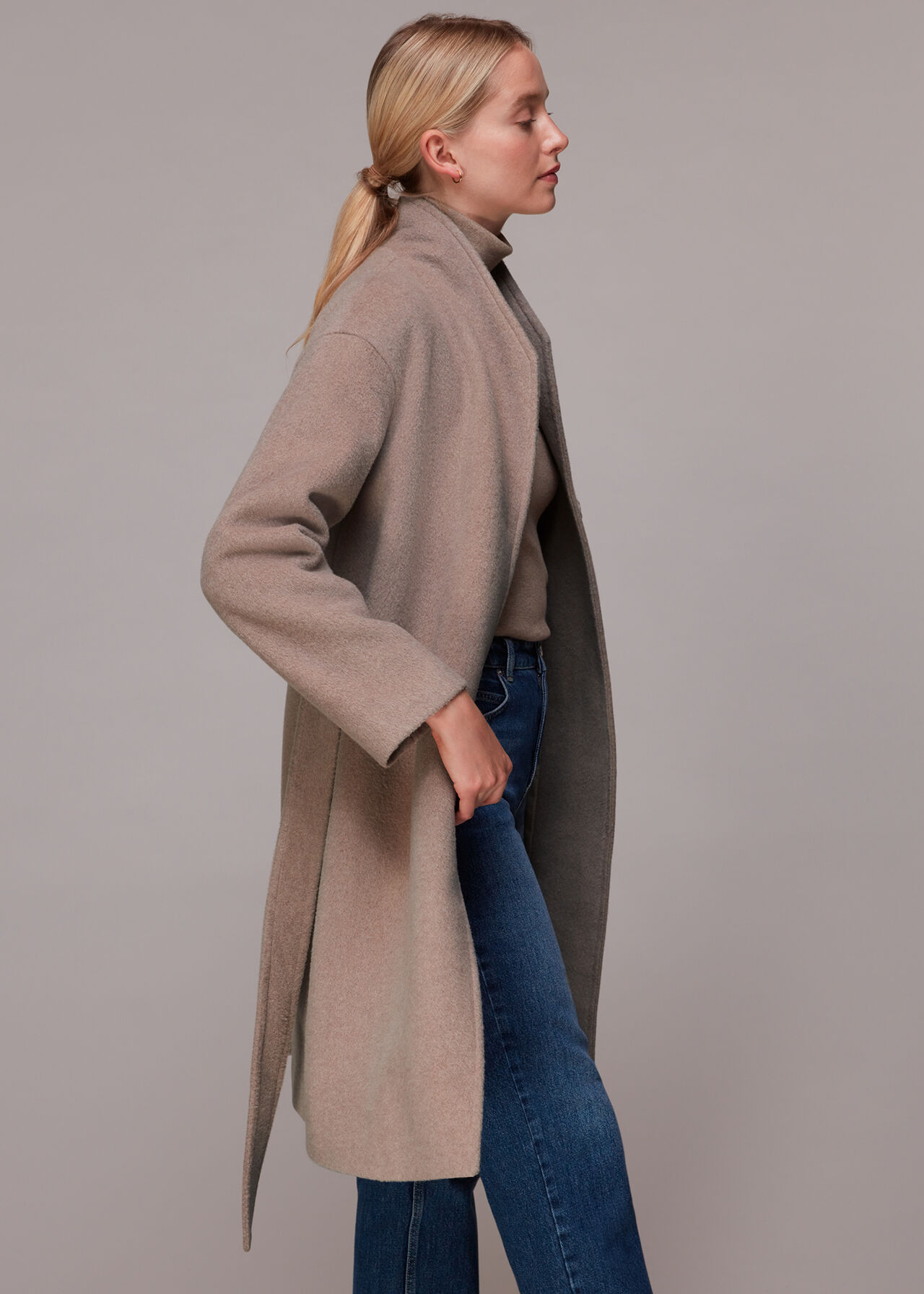 Oatmeal Clara Funnel Neck Wool Coat | WHISTLES | Whistles ROW