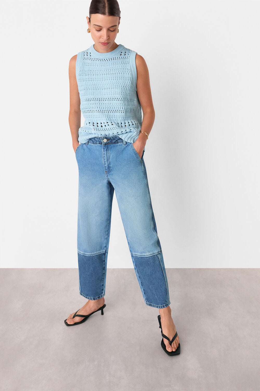 Denim Patchwork Barrel Leg Jean