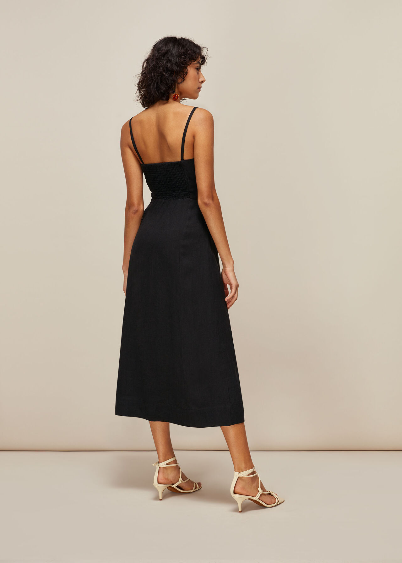 Linen Tie Front Strappy Dress Black